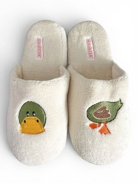 Cream Plush Slippers - Green Duck Embroidery